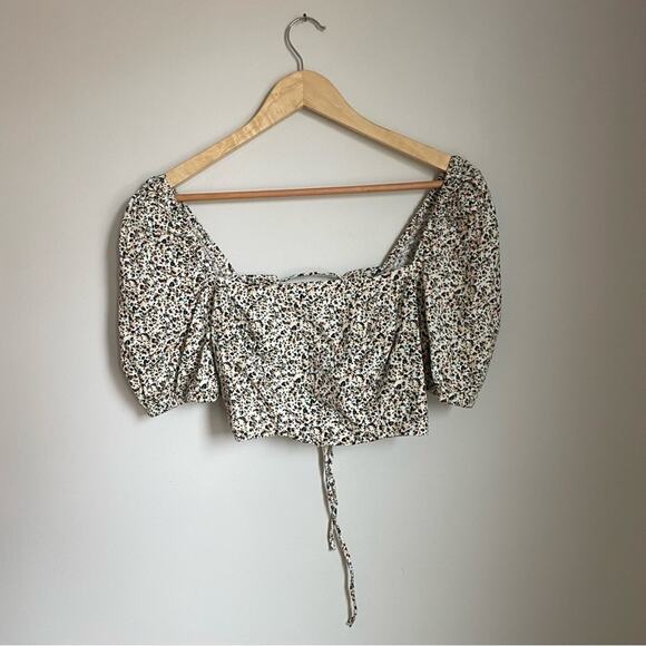 Zara Cream and Brown Puff Sleeve Crop Blouse - Picture 1 of 4